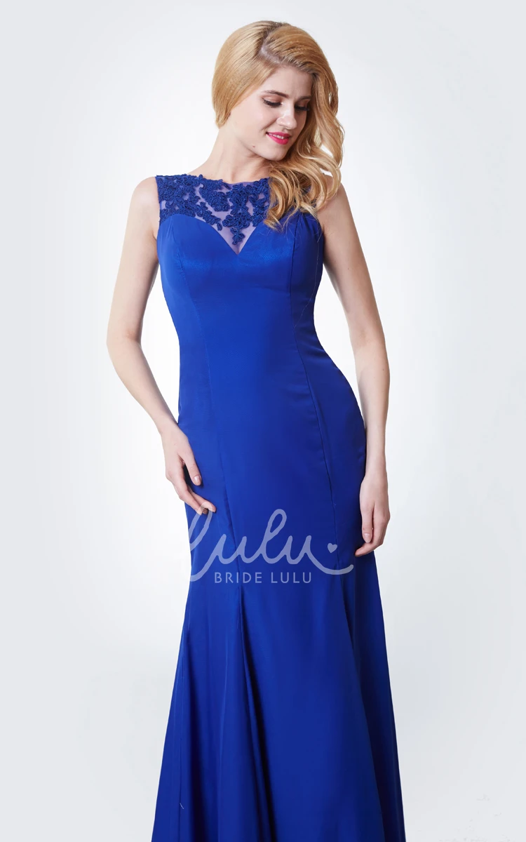 Form-fitted Chiffon Gown with Cap Sleeves Illusion Lace Neck Elegant Modern