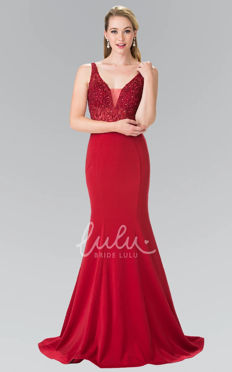 Embroidered Mermaid V-Neck Sleeveless Formal Dress with Sequins