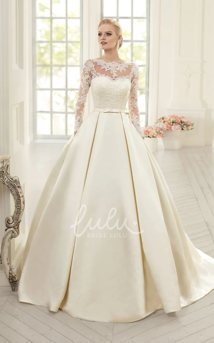 Jewel Neckline Satin Ball Gown with Appliques and Long Sleeves