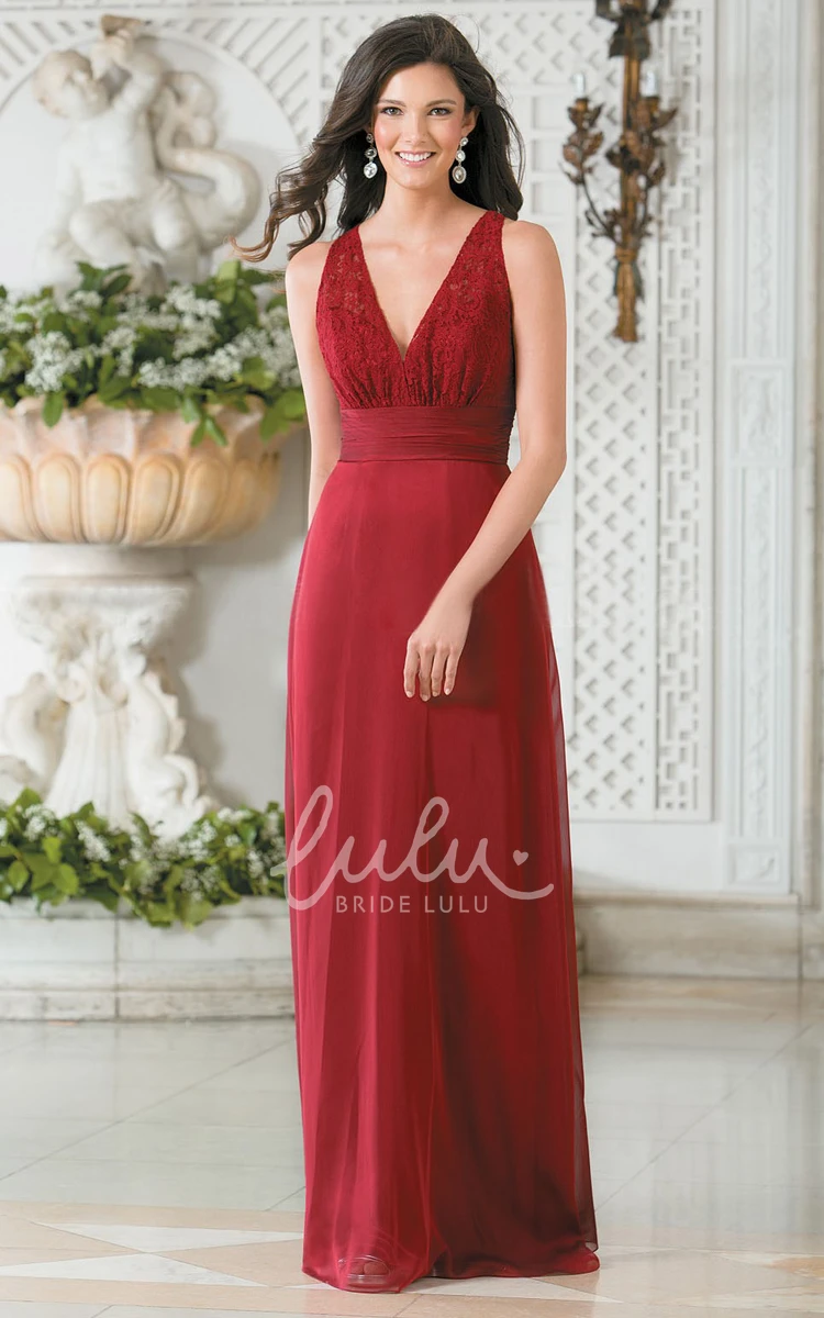 Lace Bodice Sleeveless V-Neck A-Line Long Bridesmaid Dress Beach Casual