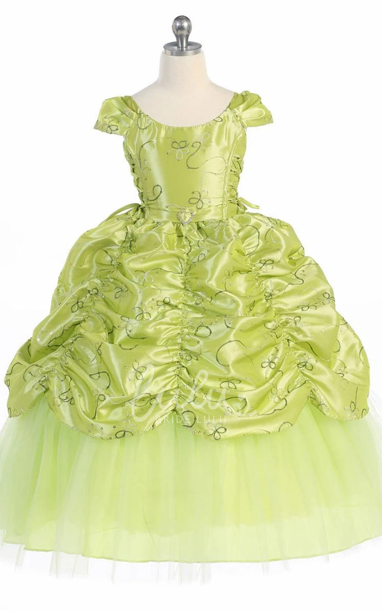 Tiered Lace&Taffeta Flower Girl Dress Ankle-Length Embroidered with Brooch