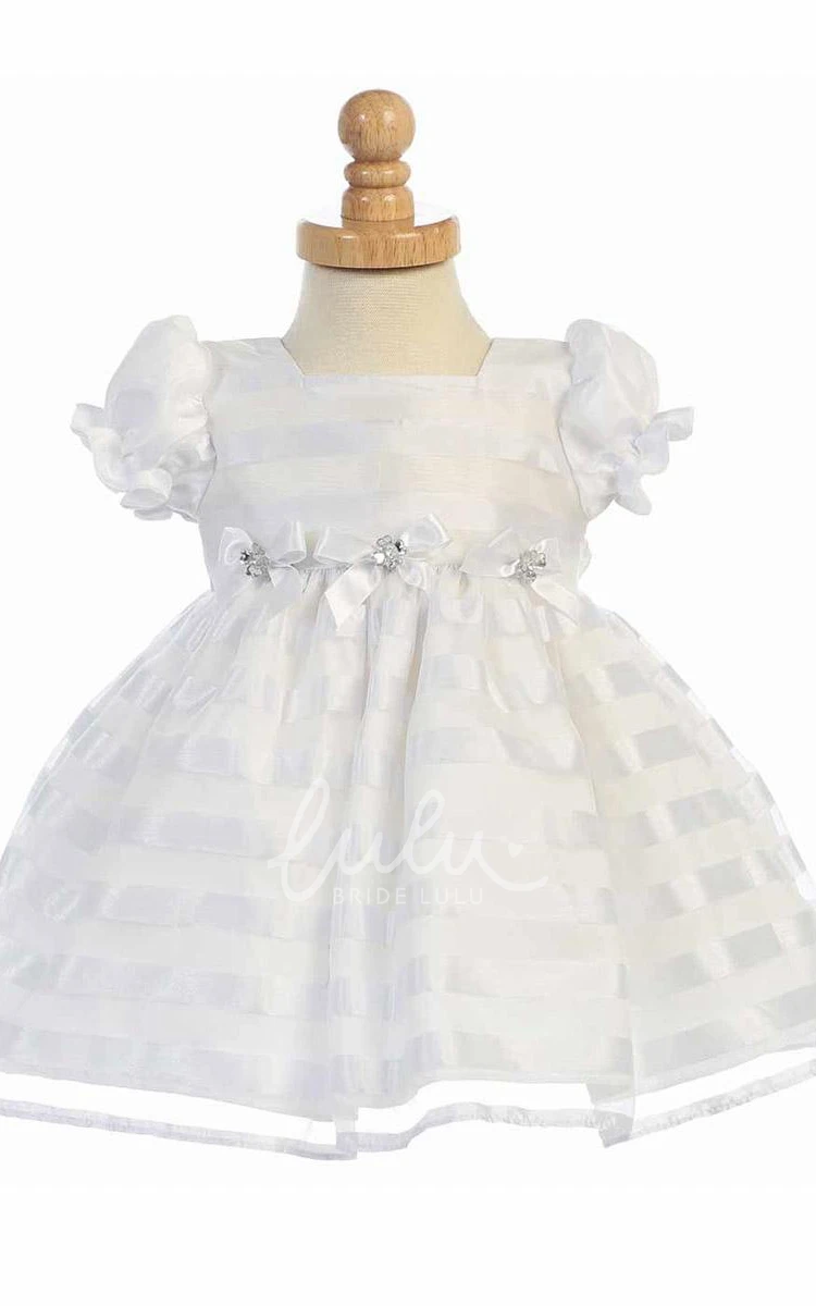 Organza Floral Tea-Length Girl Dress with Bow and Ribbon