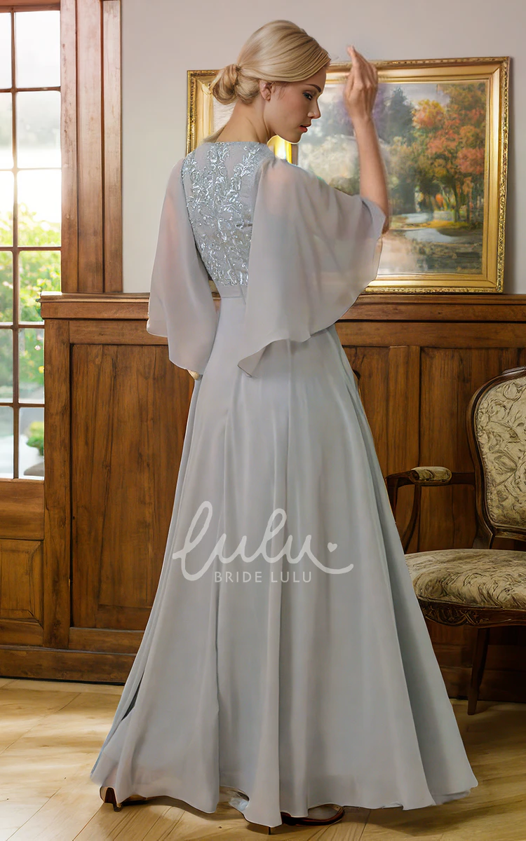 V-neck Elegant A-Line Floor-length Bat Sleeve Lace Appliques Mother of the Bride Dress