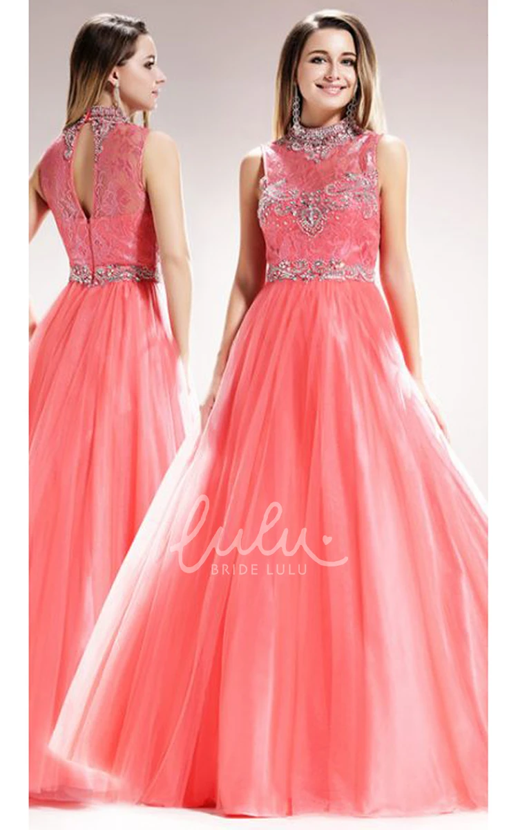 High Neck Sleeveless Tulle Satin Formal Dress with Beading and Lace A-Line Long