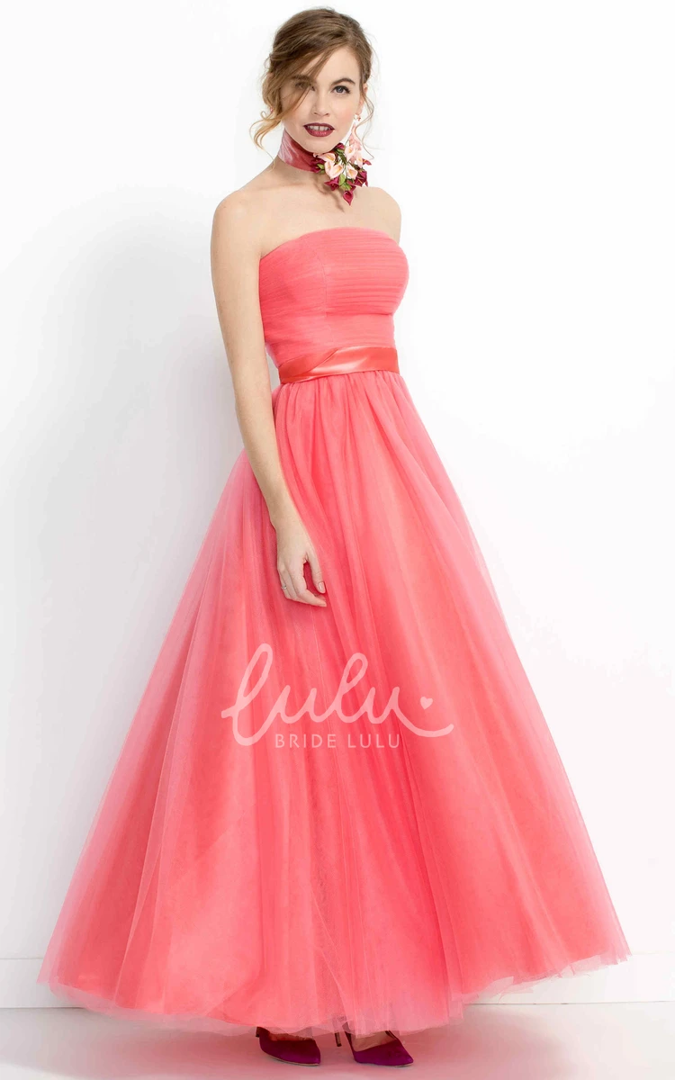 Strapless A-Line Tulle Bridesmaid Dress with Ruched Bodice and Ribbon