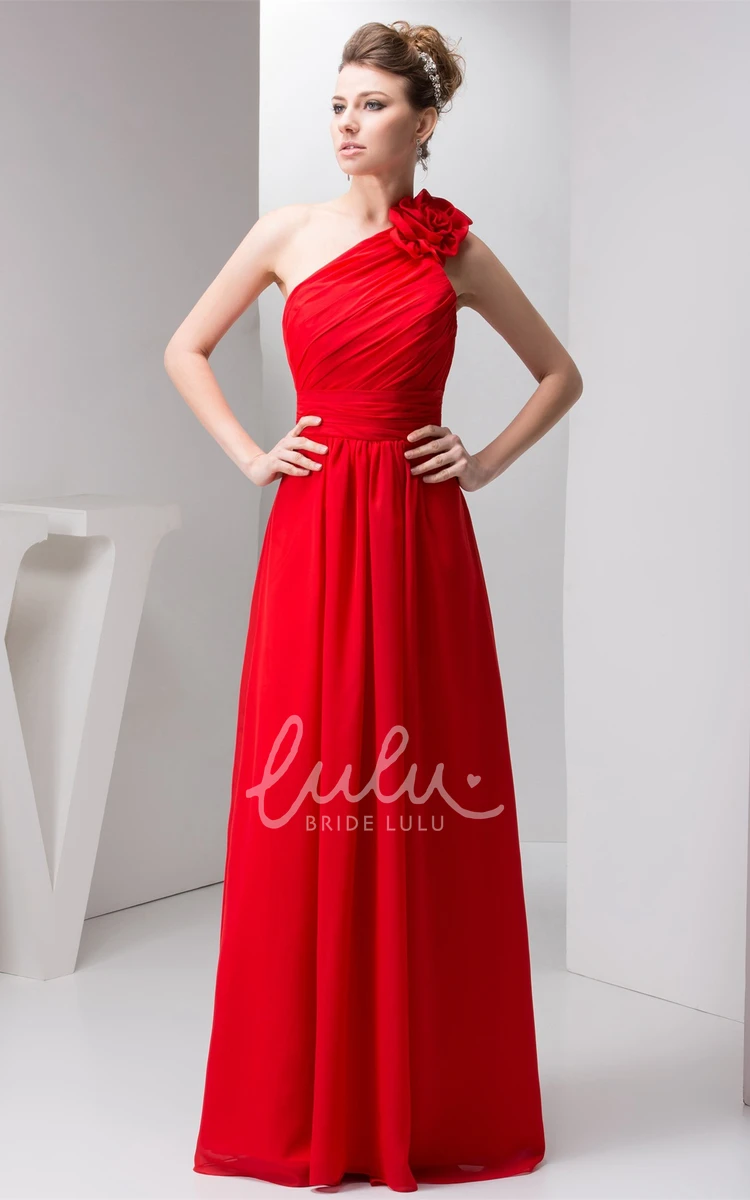 One-Shoulder Maxi Prom Dress with Floral Epaulet and Ruching