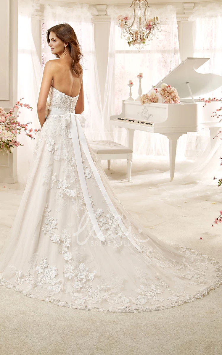 Lace-Applique Wedding Dress with Back Bow and Flowers Strapless Style