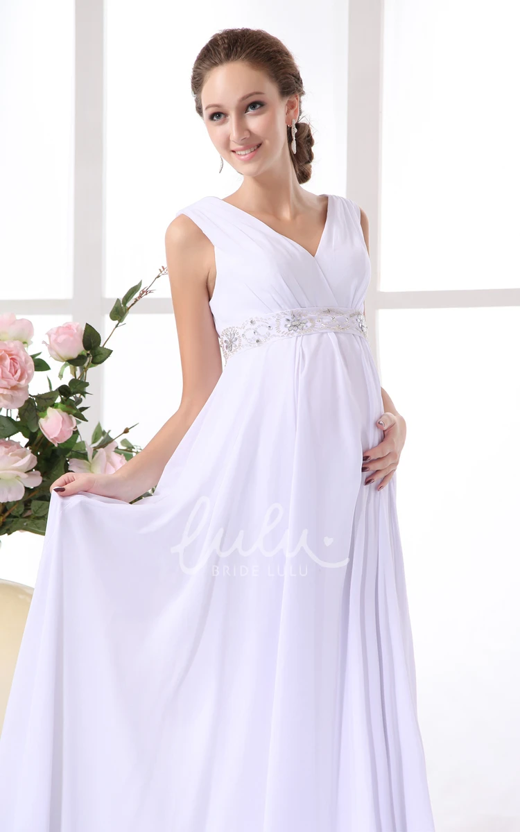 Empire Maternity Wedding Gown Chiffon V-Neck with Beaded Waist Elegant Bridal Dress