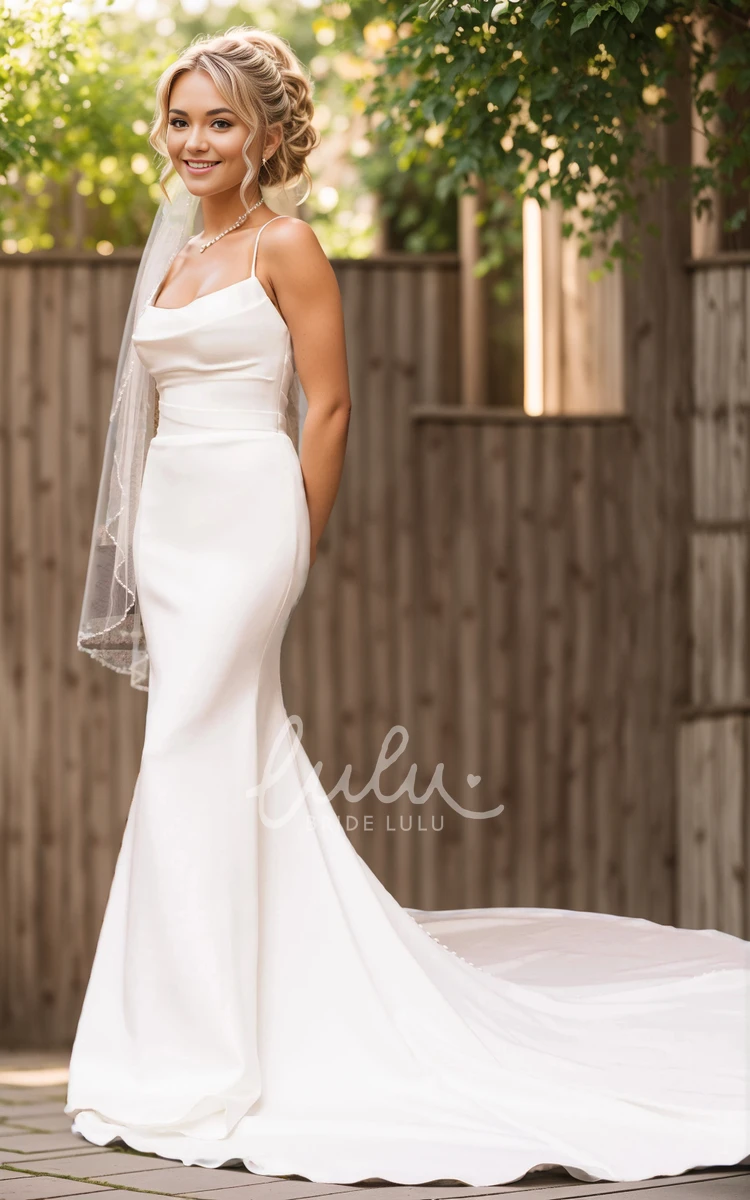 Sexy Minimalist Mermaid Spaghetti Straps Wedding Dress Summer Beach Country Cowl Neckline Bridal Gown with Train