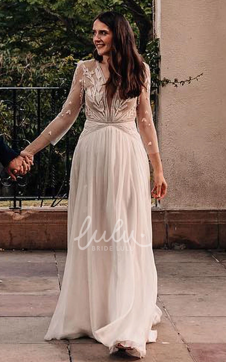 Chiffon Plunging Neckline Wedding Dress with Appliques Romantic & Open Back A-Line