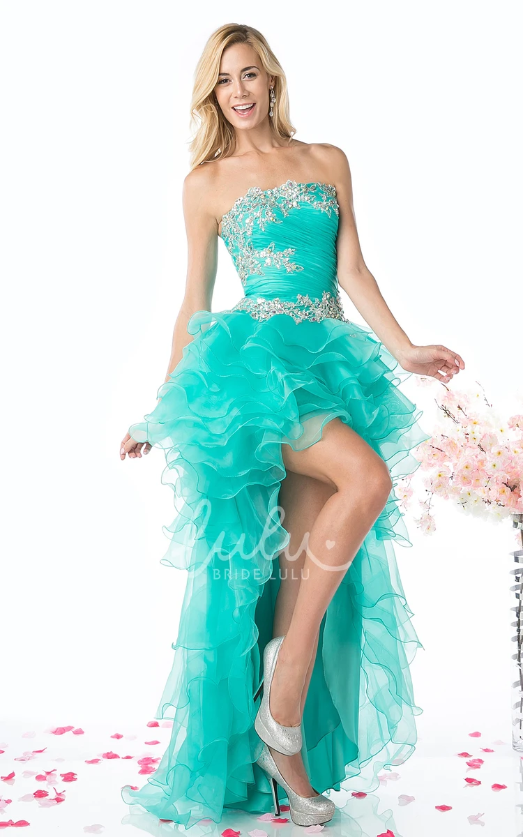 Organza High-Low Strapless Formal Dress with Beading and Tiers