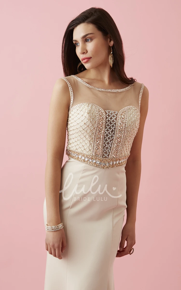 Illusion Sheath Jersey Prom Dress with Scoop-Neck and Beading