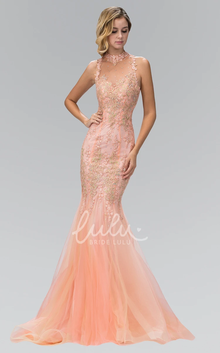 Sleeveless Mermaid Tulle Illusion Dress with Appliques and Beading Halter Neckline