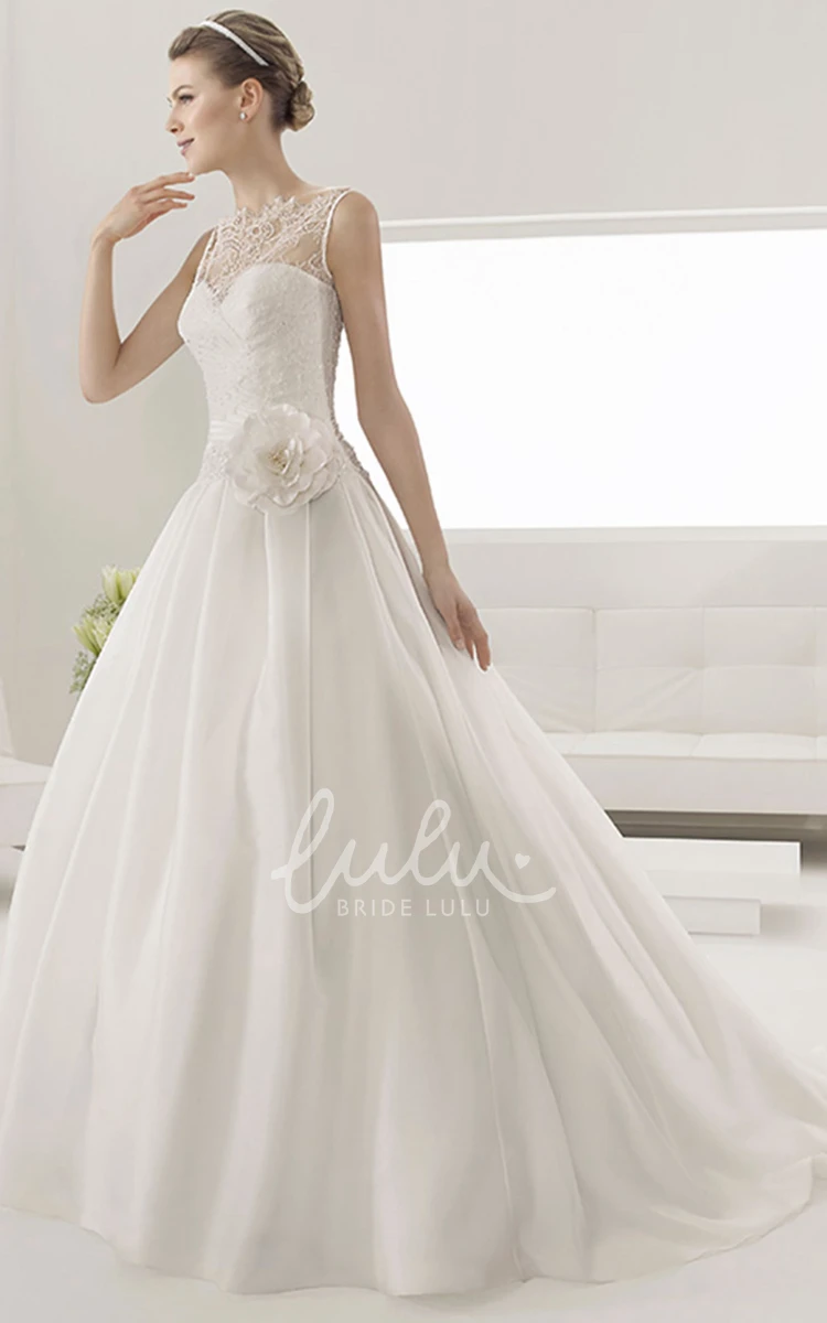 Illusion Neckline Taffeta Gown with Sweetheart Lace Detail and Removable Flower