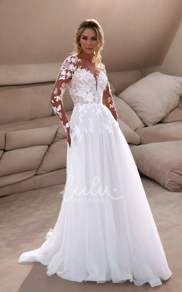 Princess Elegant Plunging Neckline A-Line Sheer Long Sleeve Winter Wedding Dress Classic Sexy Illusion Back Beach Garden Bridal Gown