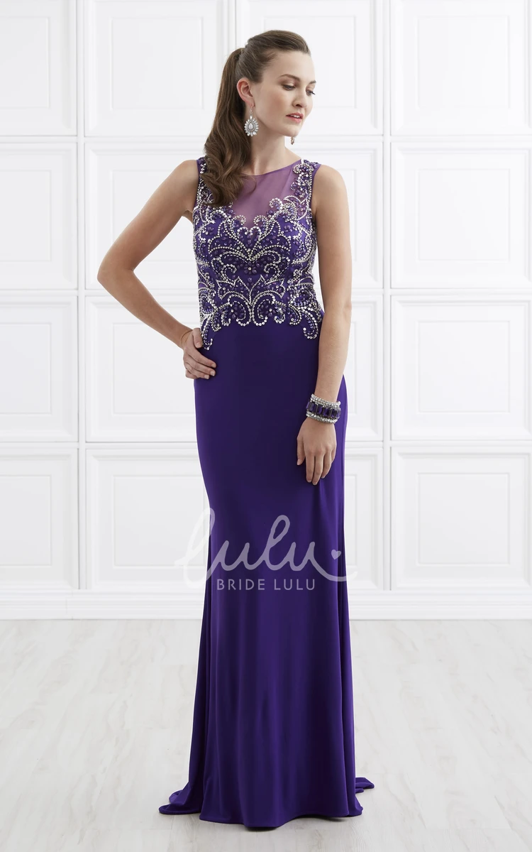 Sleeveless Sheath Jersey Dress with Scoop-Neck and Beading