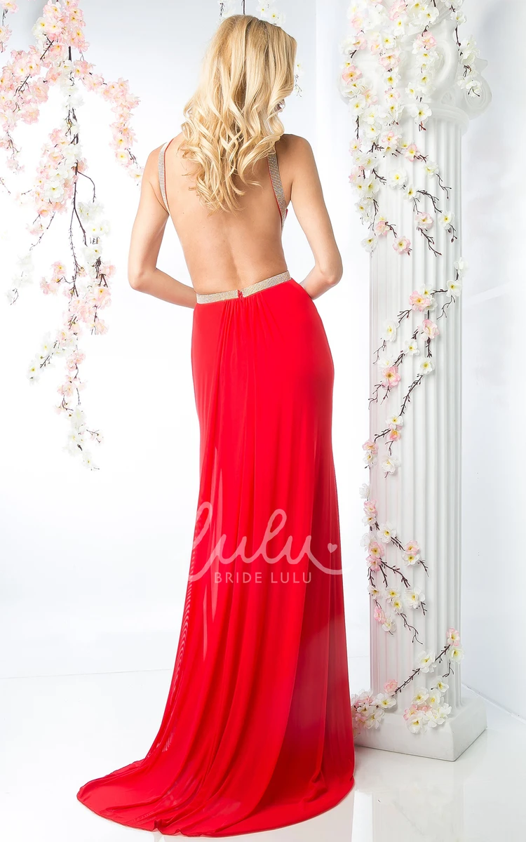 Chiffon Backless Sheath Formal Dress with Split Front and Pleats