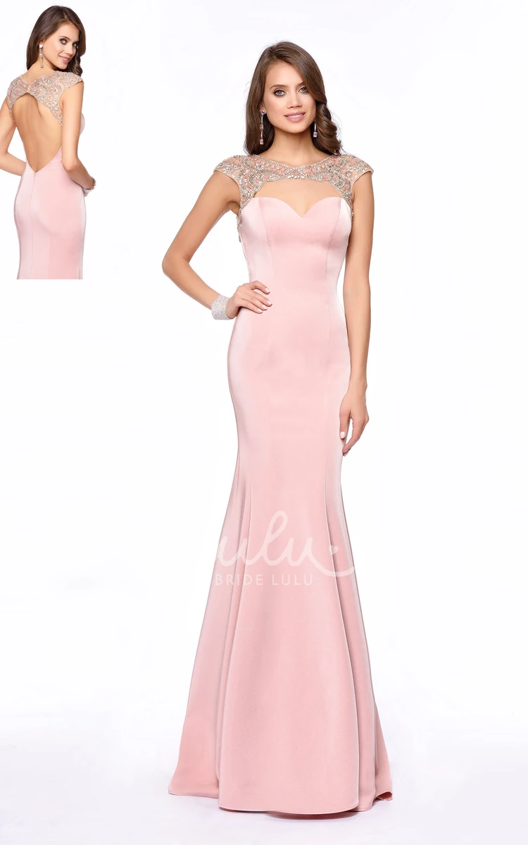 Scoop-Neck Cap-Sleeve Jersey Sheath Prom Dress with Keyhole and Beading