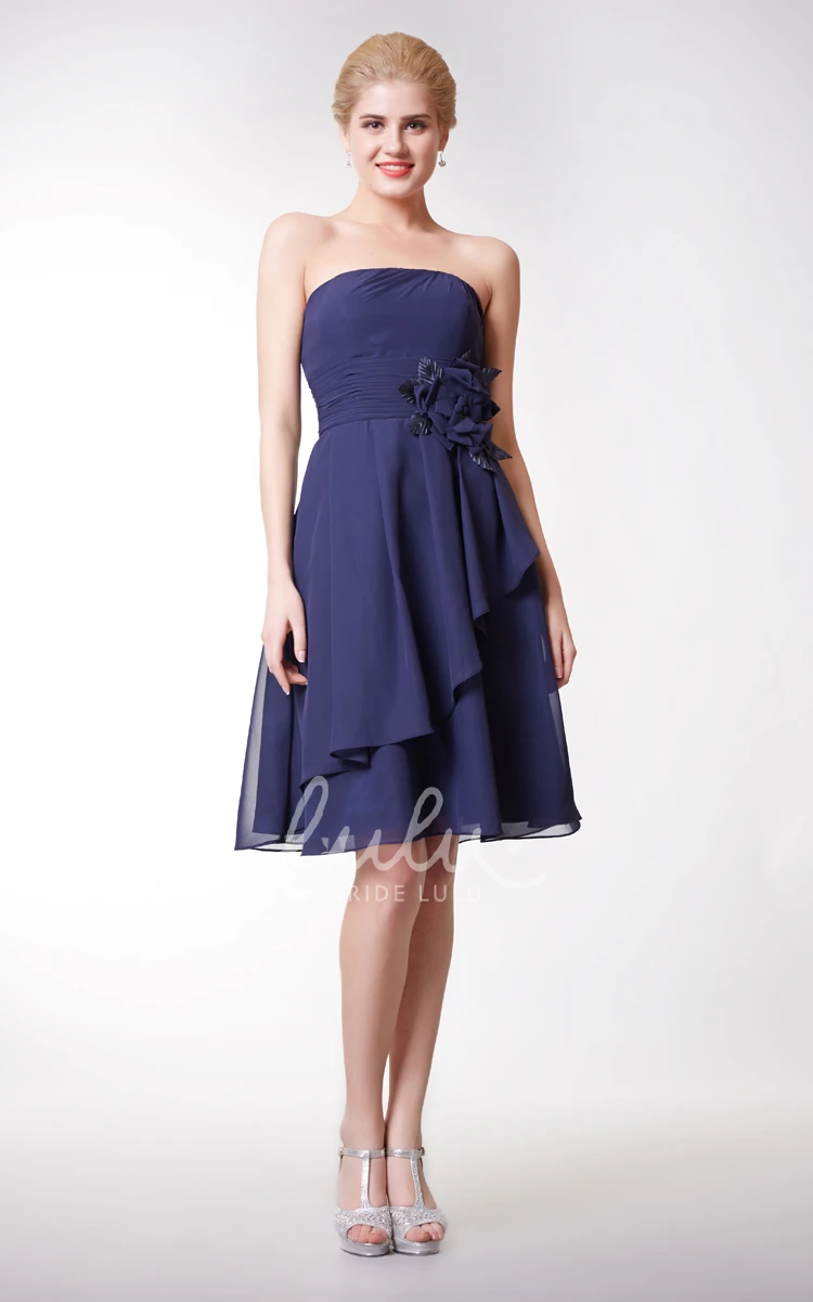 Knee Length Strapless Chiffon Dress with Side Draping & Flowers Cute & Flowy