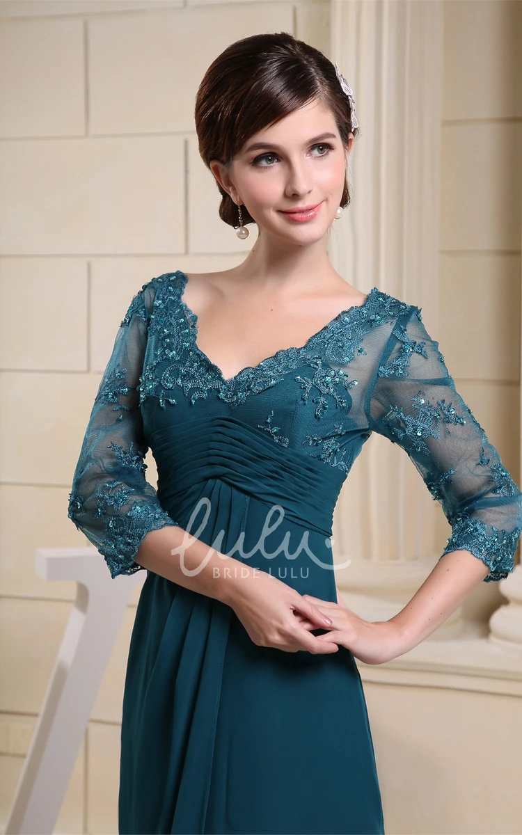 Empire Floor-Length Formal Dress with V-Neck Appliques and Illusion Sleeves