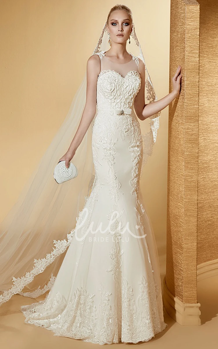 Jewel-Neck Mermaid Lace Gown with Cap Sleeves and Brush Train