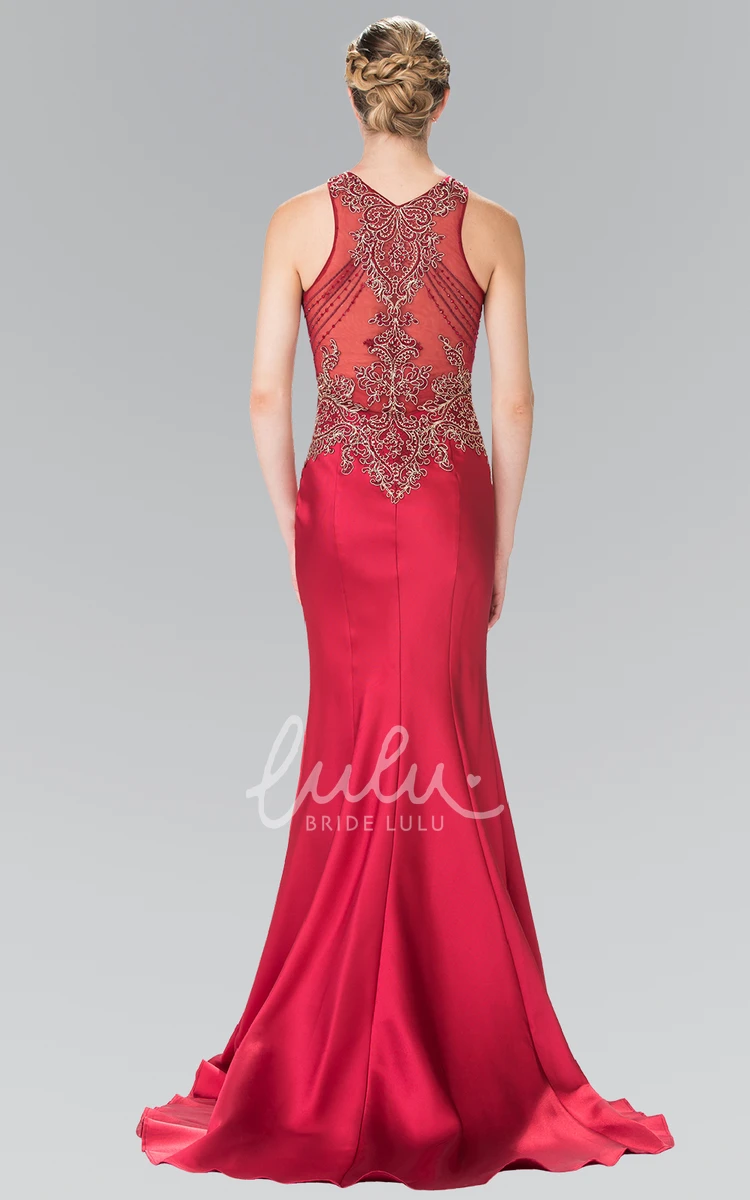 Satin Sheath Sleeveless Jewel Neckline Prom Dress with Appliques