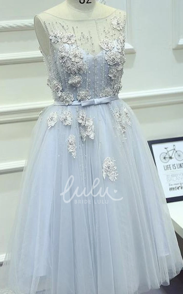 Jewel Pleated Tulle Knee-length Formal Dress with Appliques