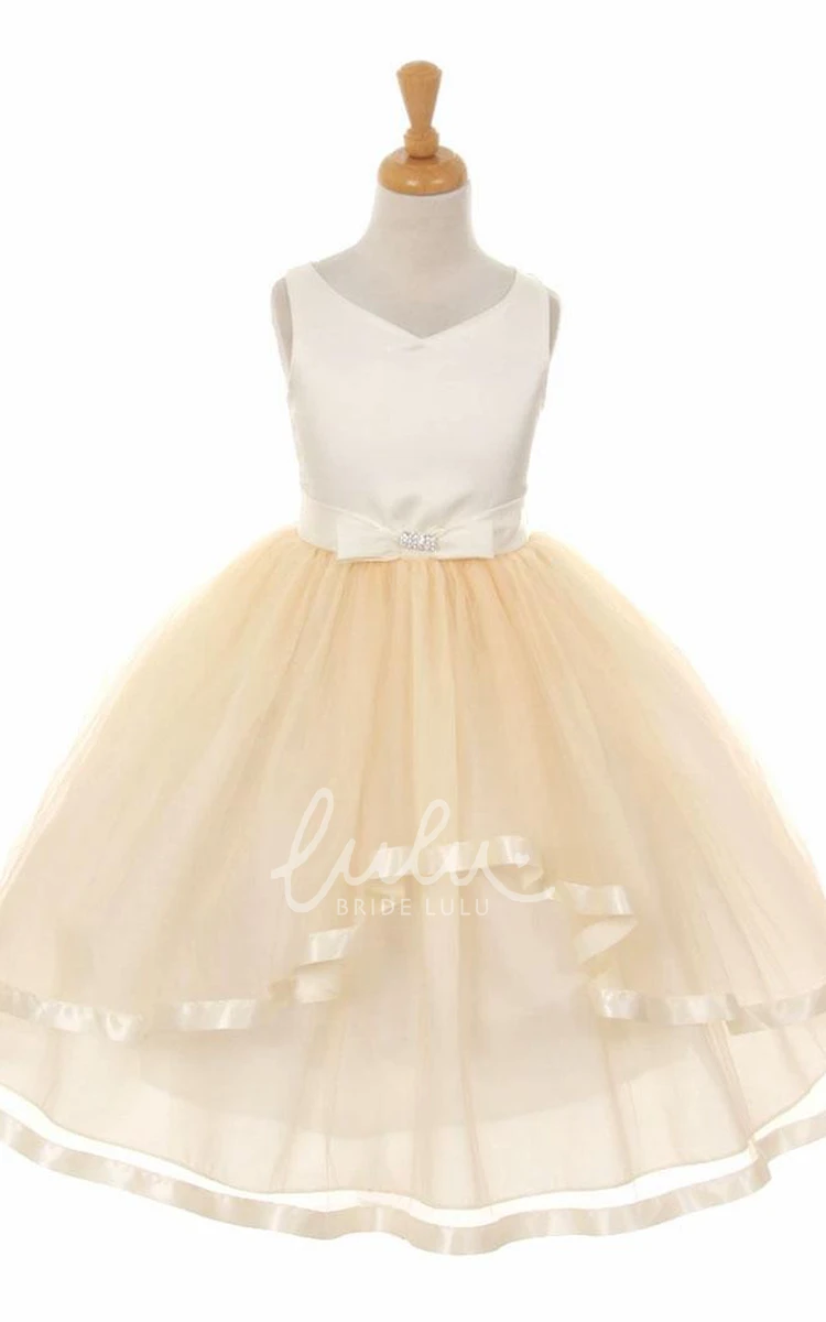 Peplum Tiered Tulle and Satin Flower Girl Dress with Ribbon Chic and Stylish