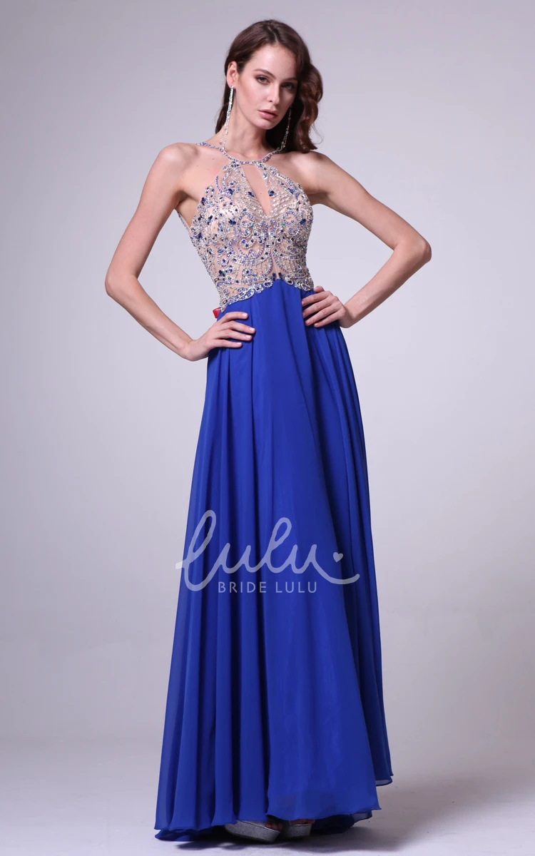 Maxi A-Line Chiffon Straps Dress with Beading and Pleats Scoop Neckline