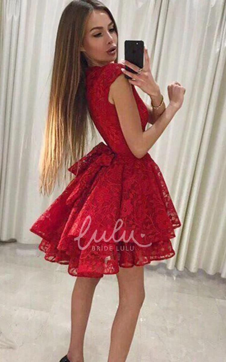 Adorable Lace A Line Short Sleeve Homecoming Dress with Bow and Petals
