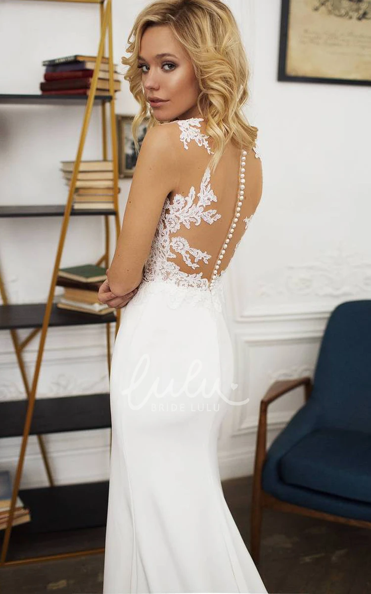 Bohemian Sleeveless Trumpet Lace Illusion Wedding Dress with Buttons Beach and Country