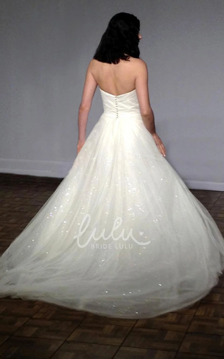 Sequined Tulle Wedding Dress with Ruching Flowy A-Line Dress