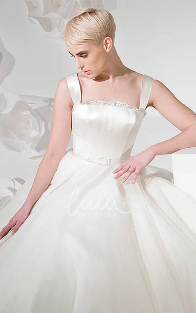 Tulle&Satin Sleeveless Wedding Dress One-Shoulder Ball-Gown with Long Train