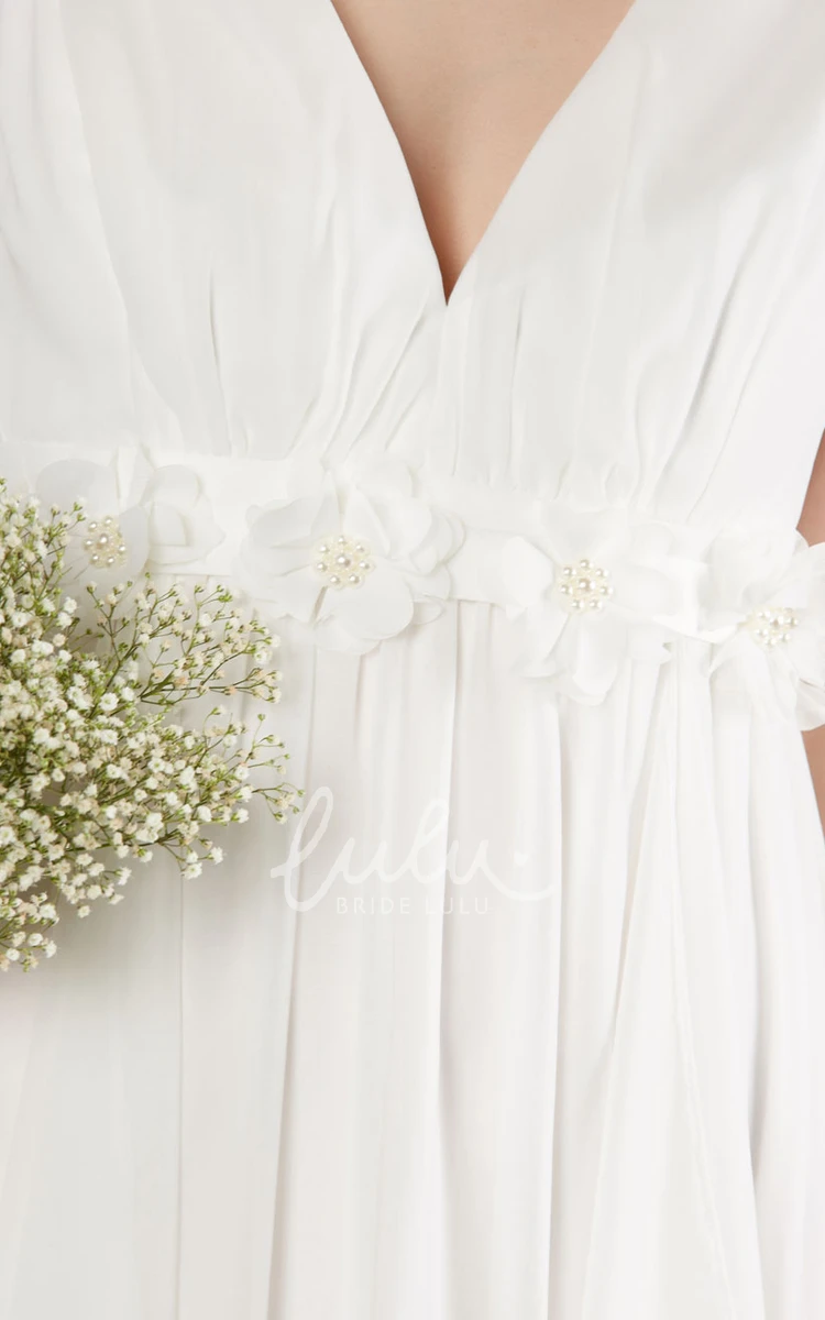 Draping Chiffon Wedding Dress Ankle-Length V-Neck Flowy