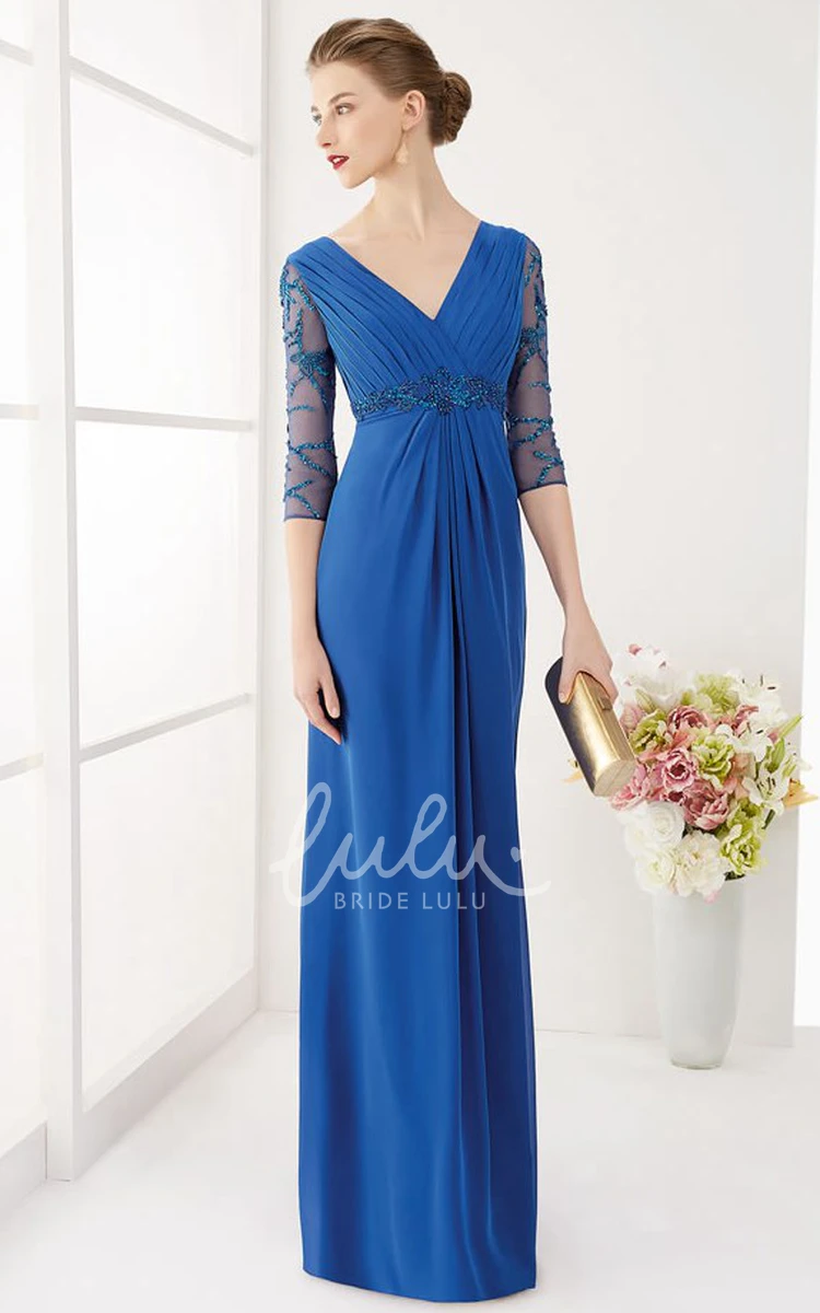 Maxi V-Neck Chiffon Prom Dress with Ruched Half-Sleeves and Beaded Waist Flowy Prom Dress