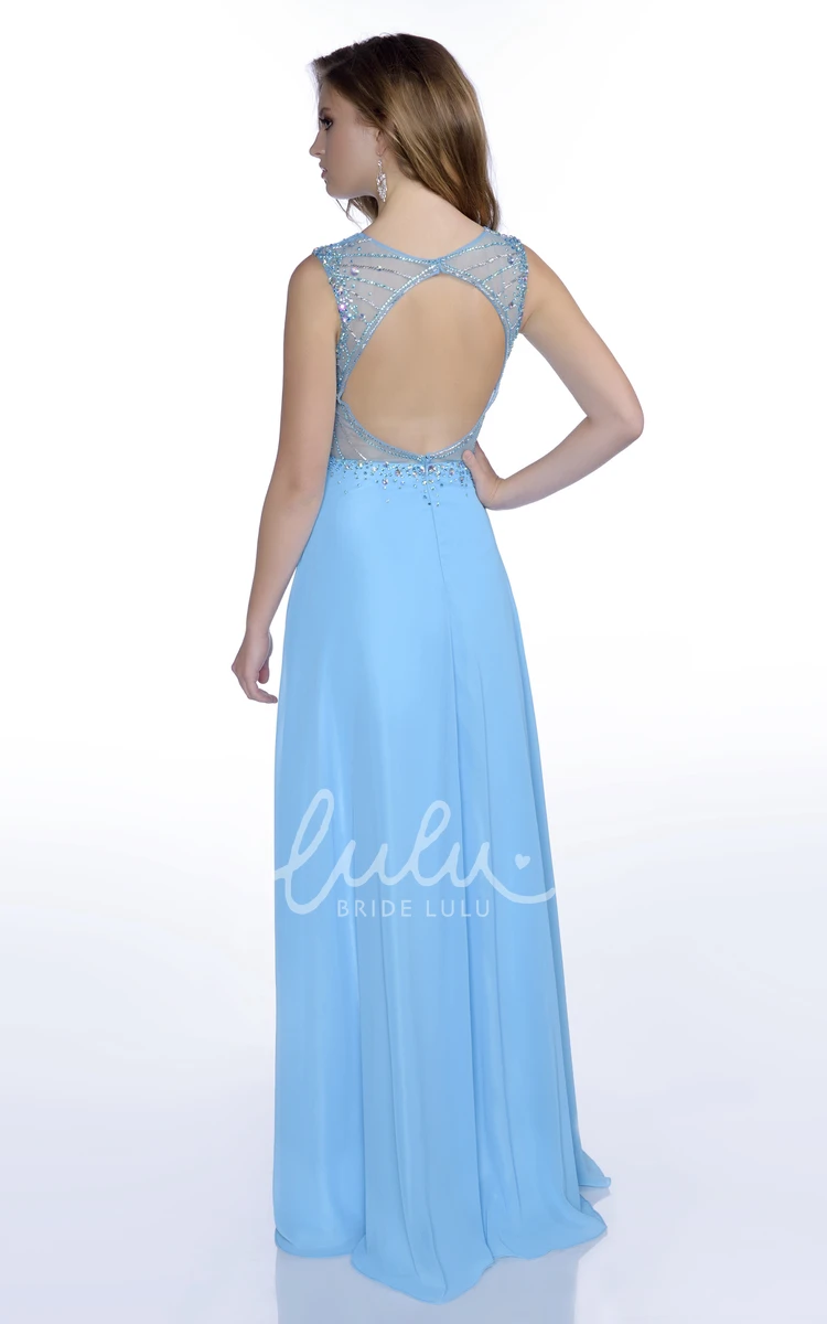 Chiffon Jewel Neck Rhinestone Prom Dress with Keyhole Back and Sleeveless Design