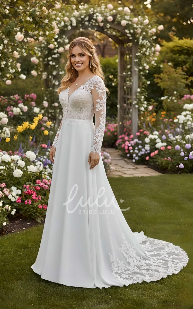 Floral A-Line Lace Long Sleeve Wedding Dress Romantic Illusion Deep V Neck Bridal Gown with Train