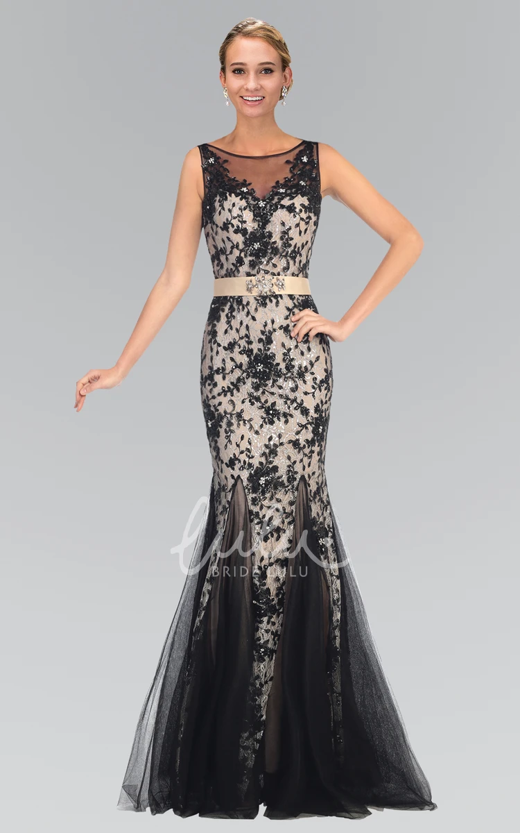 Lace Applique Mermaid Formal Dress with Deep-V Back and Sleeveless Scoop Neck