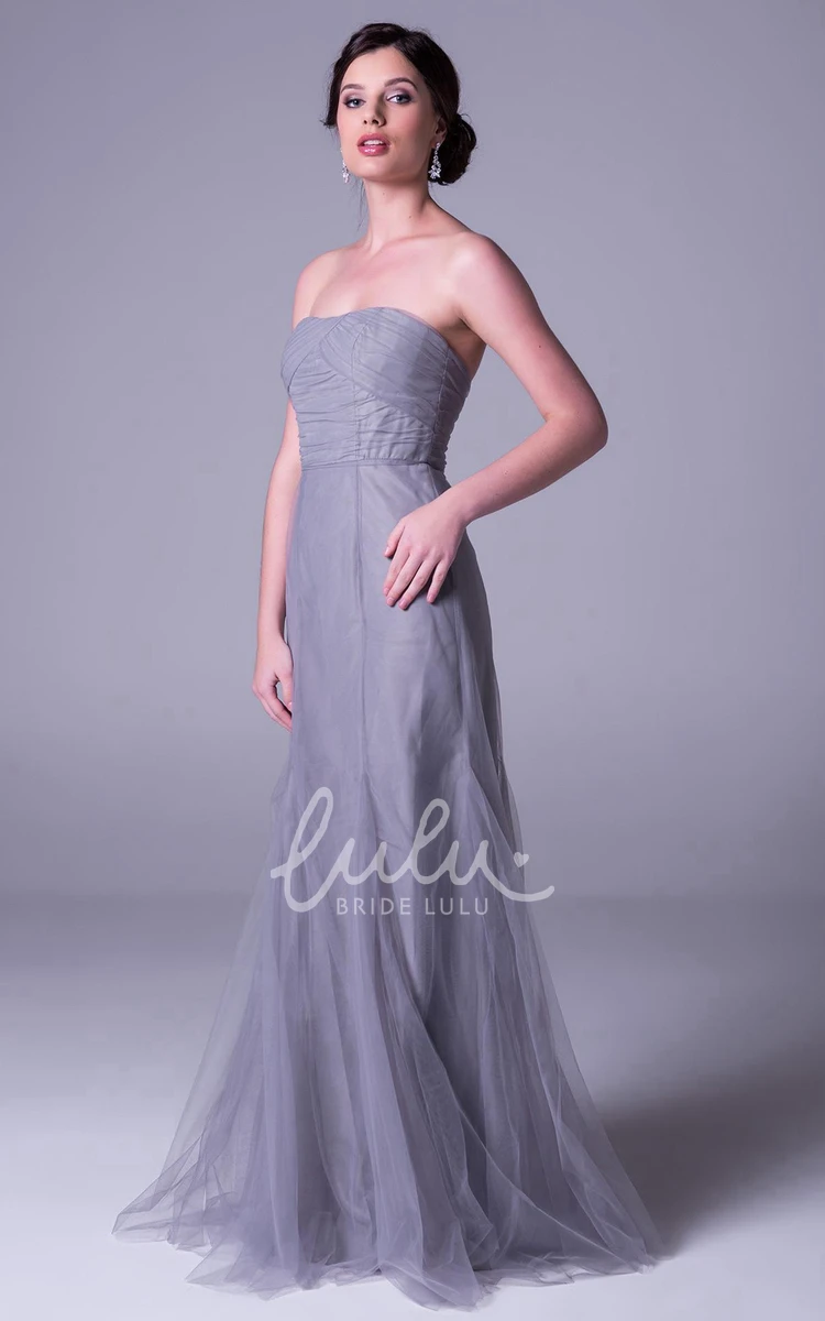 Strapless Ruched Tulle Bridesmaid Dress Long Sheath Style