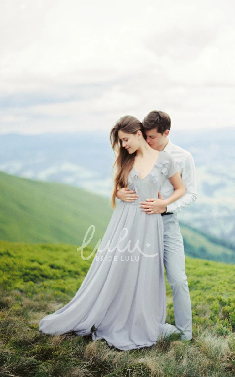 Chiffon Dress with Flowers and Pleats for Bridesmaids