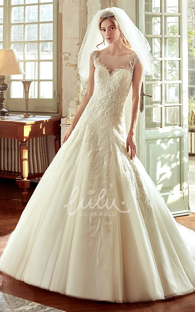 A-Line Wedding Dress with Embroidery and Drop Waist Classic Bridal Gown