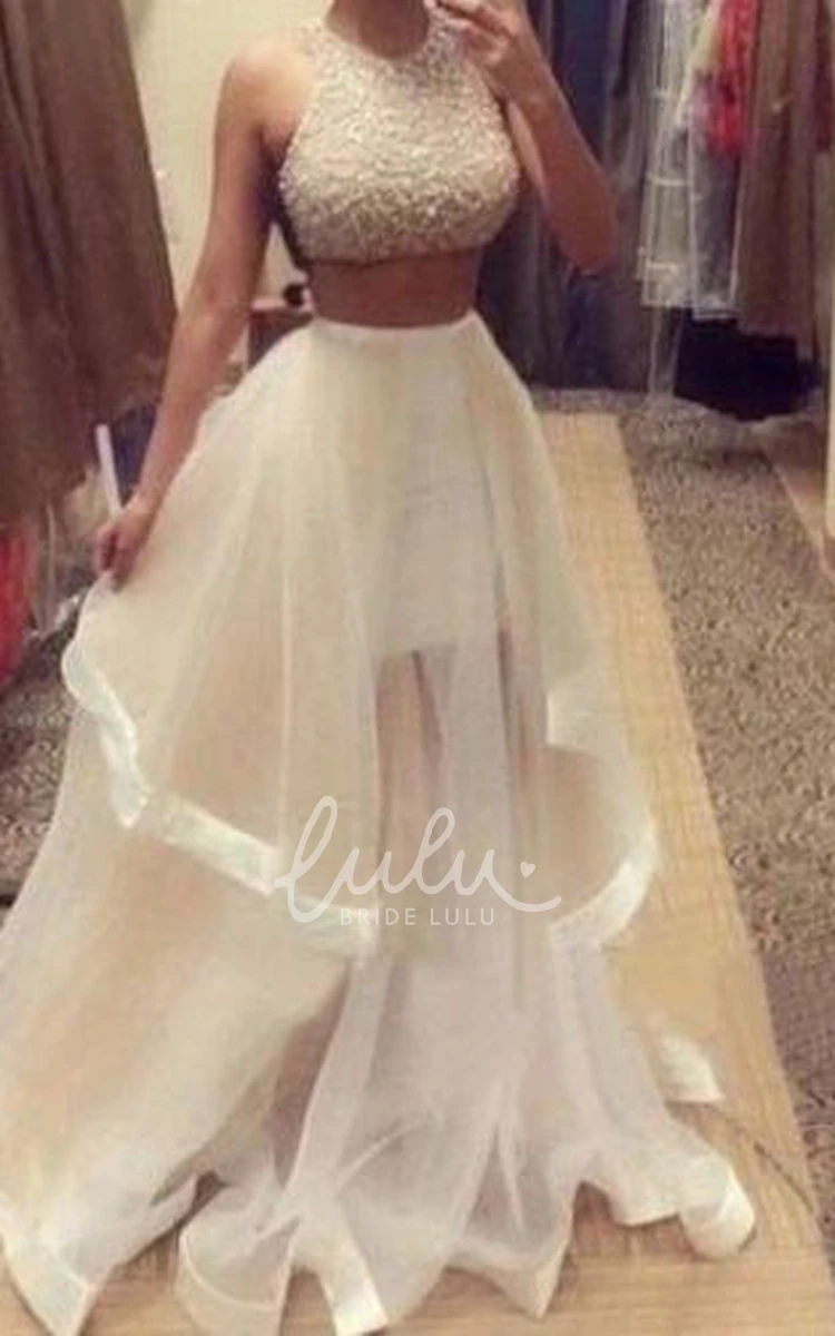 Two-Piece Halter Beaded Prom Dress with Ruffle and Sleeveless