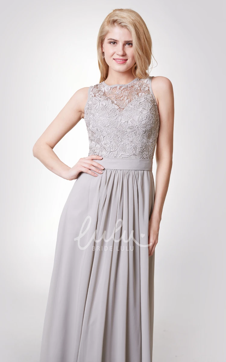 Chiffon Bridesmaid Dress with Lace Top and Keyhole Back Bateau Neckline