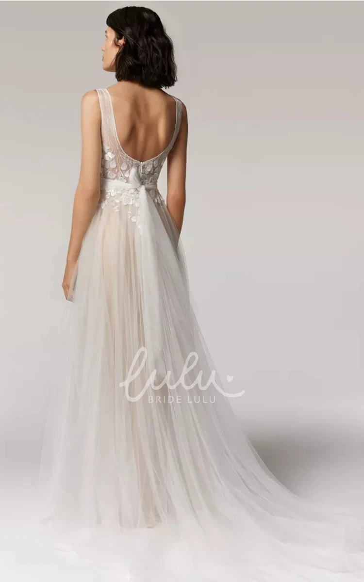 Tulle A Line Wedding Dress with Appliques Simple Scoop Neckline Open Back