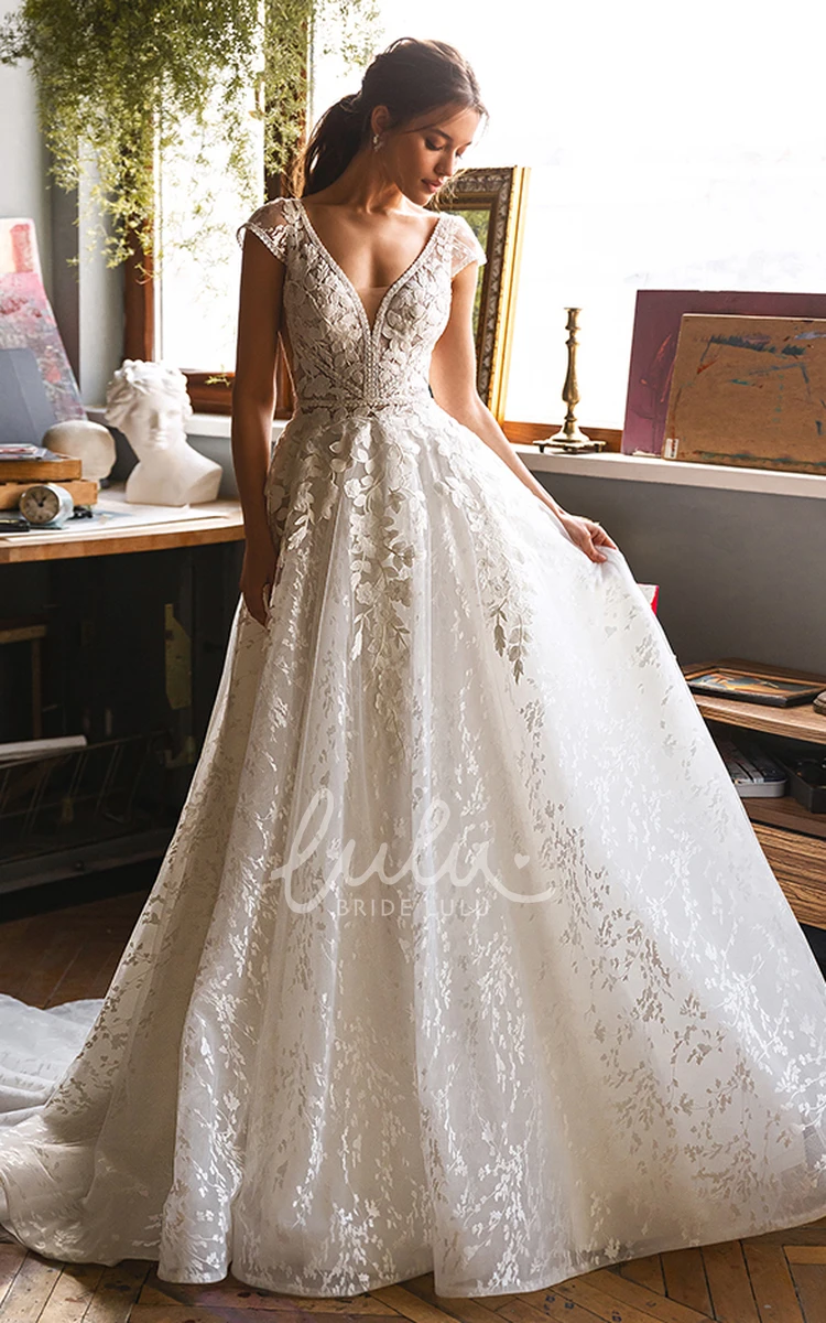 Lace V-neck Short Sleeve Wedding Dress Elegant A Line