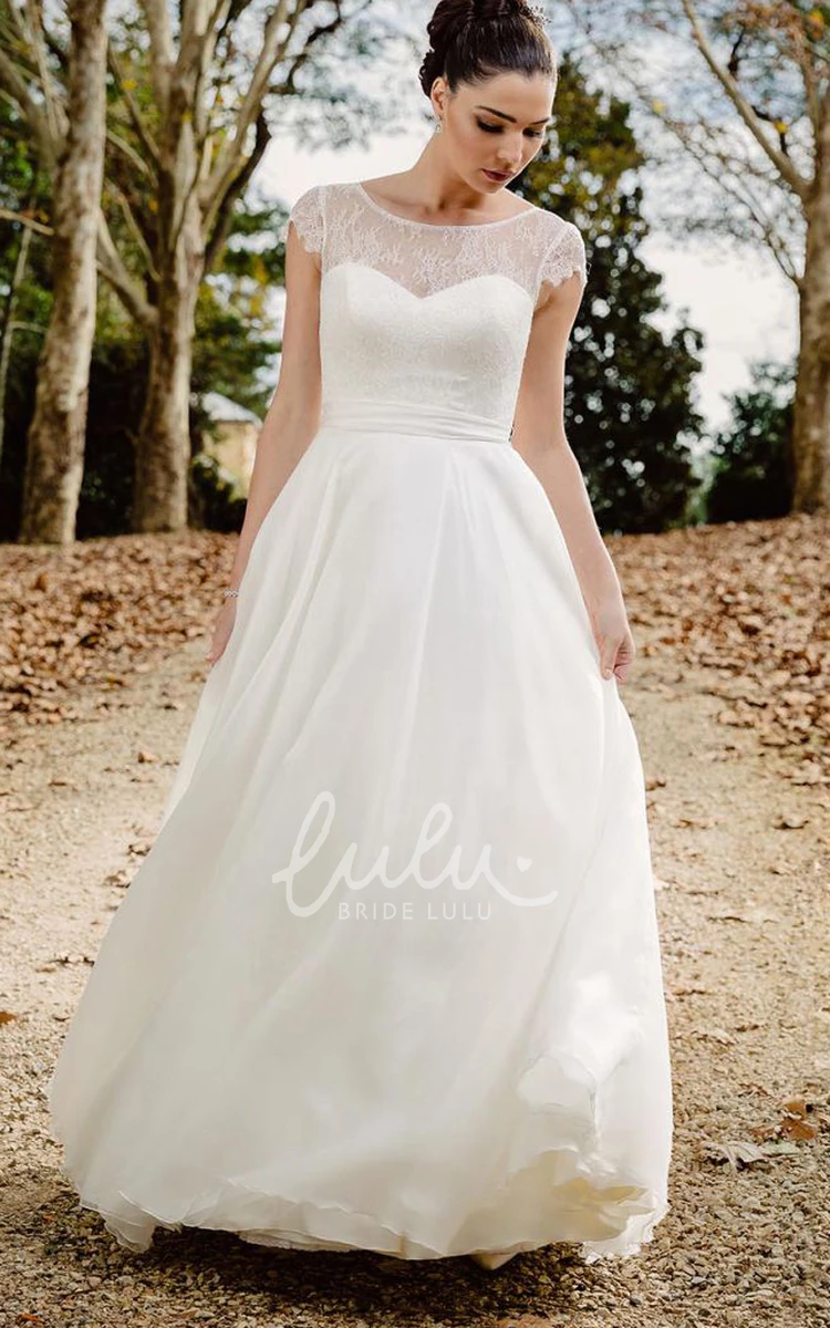 Lace Chiffon A Line Wedding Dress with Deep-V Back and Ribbon Simple and Elegant