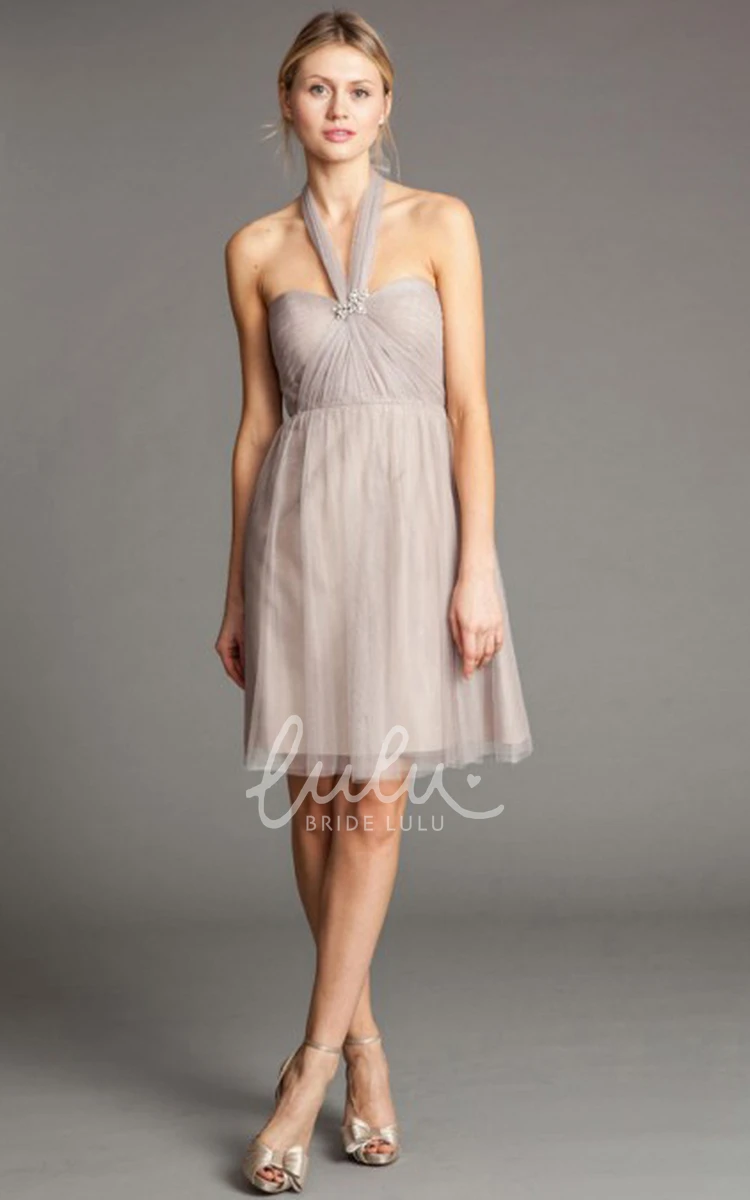 Halter Ruched Tulle Bridesmaid Dress with Broach Short Sleeveless