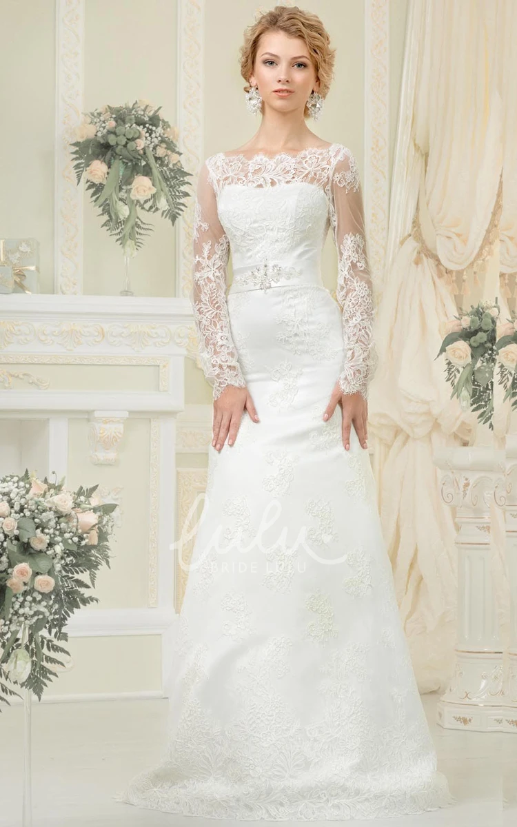 Sheath Lace-Up Illusion Sleeve Bateau-Neck Bridesmaid Dress with Sash and Beading