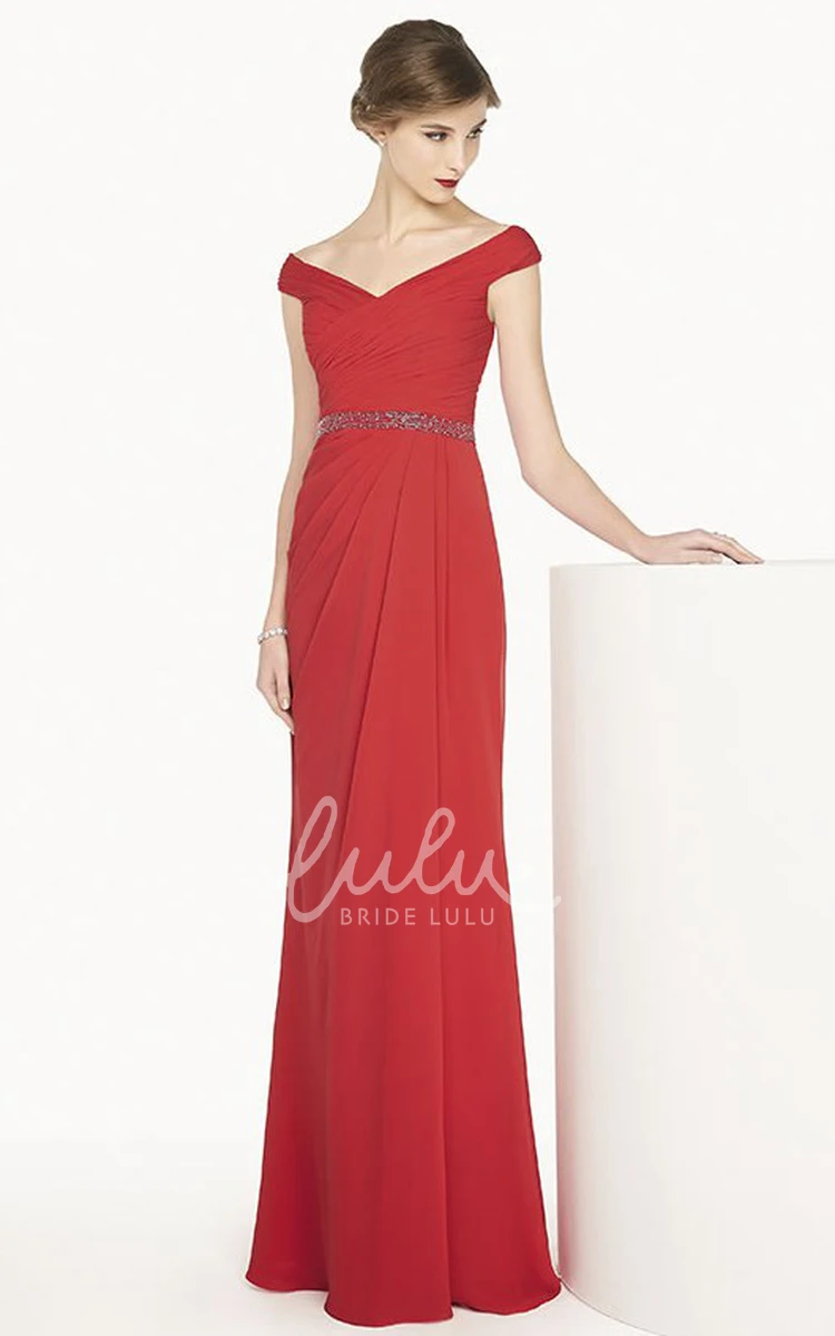 Chiffon Prom Dress with V-Neck Cap Sleeves and Beaded Waist Long