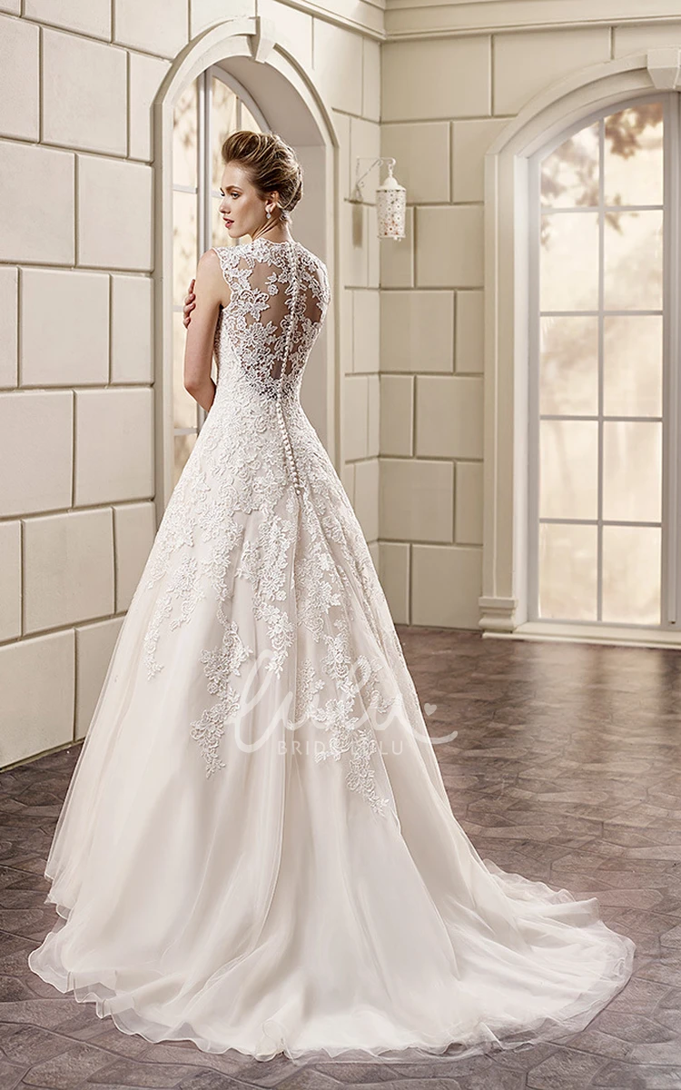 Lace Cap-Sleeve V-Neck A-Line Wedding Dress with Appliques